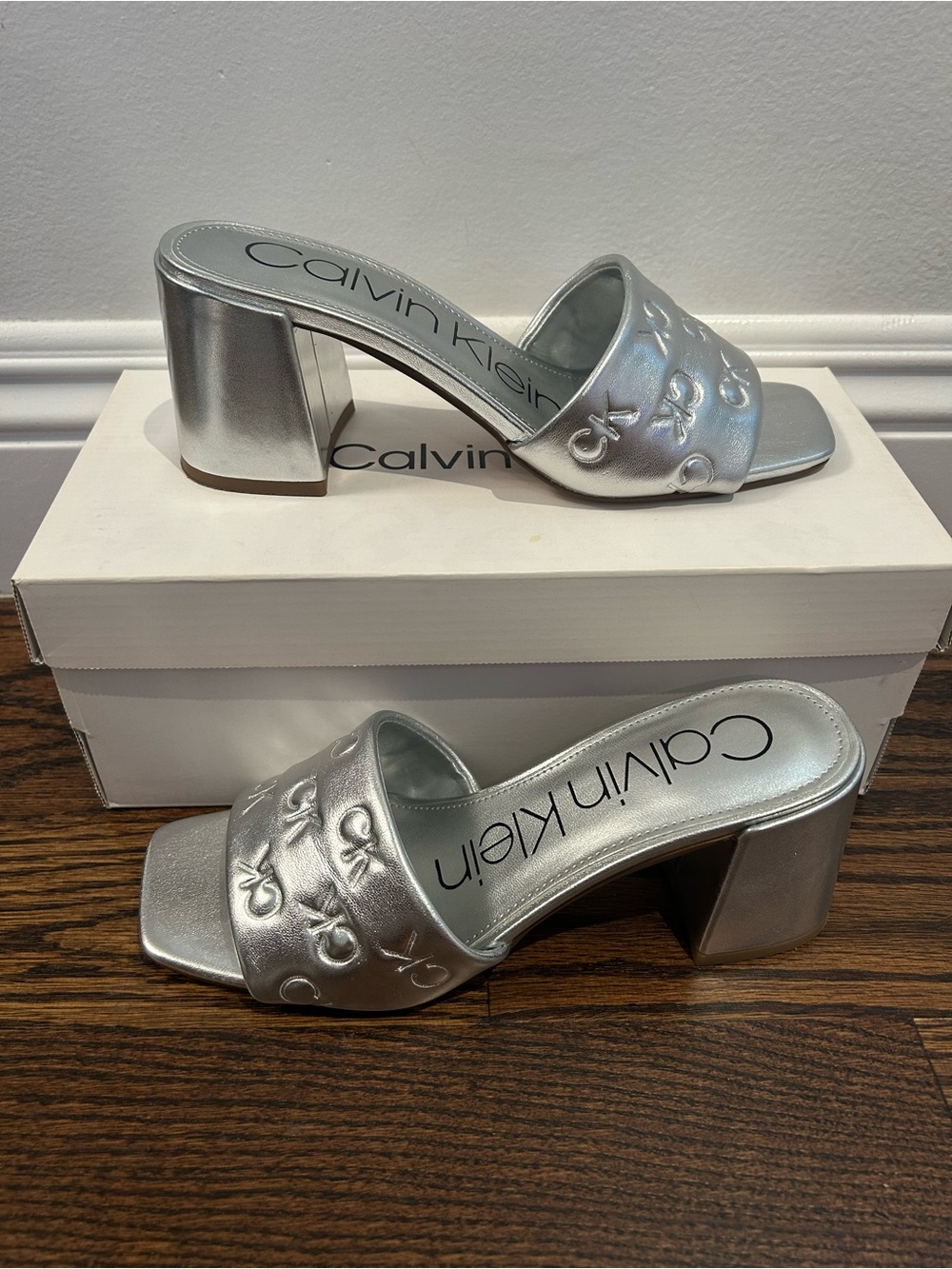 Calvin Klein Metallic Silver Embossed CK Block Heel Mules